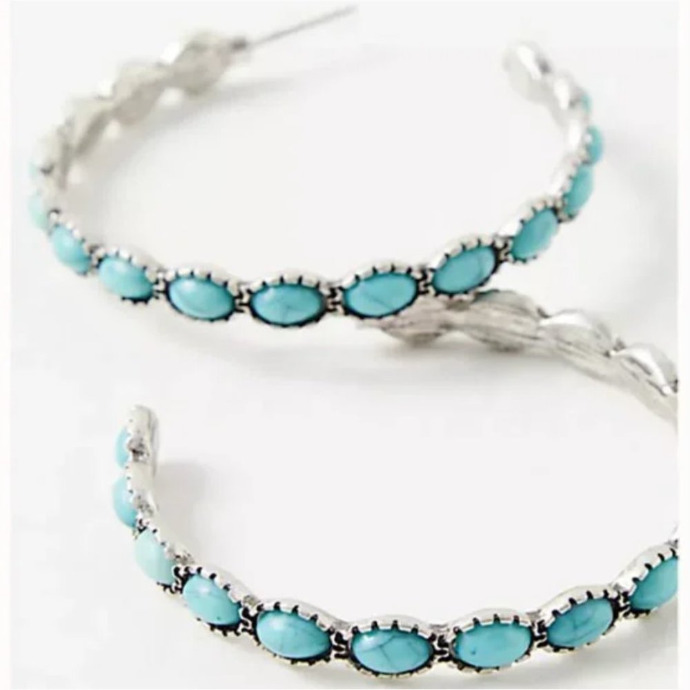 NEW ~ Free People Turquoise Stone Silver Hoop Earrings